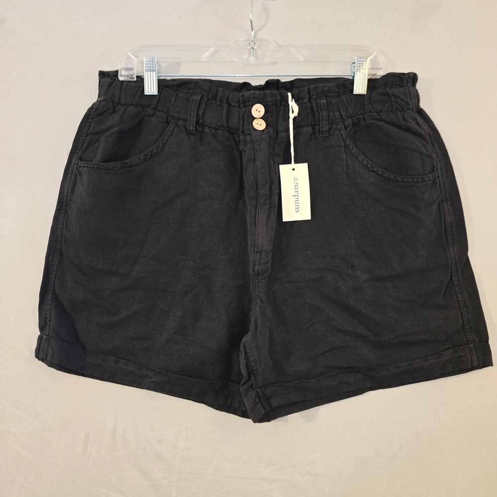 Sundance Shorts 12 Women Black Cotton Linen Paperbag Waist Cuffed Casual